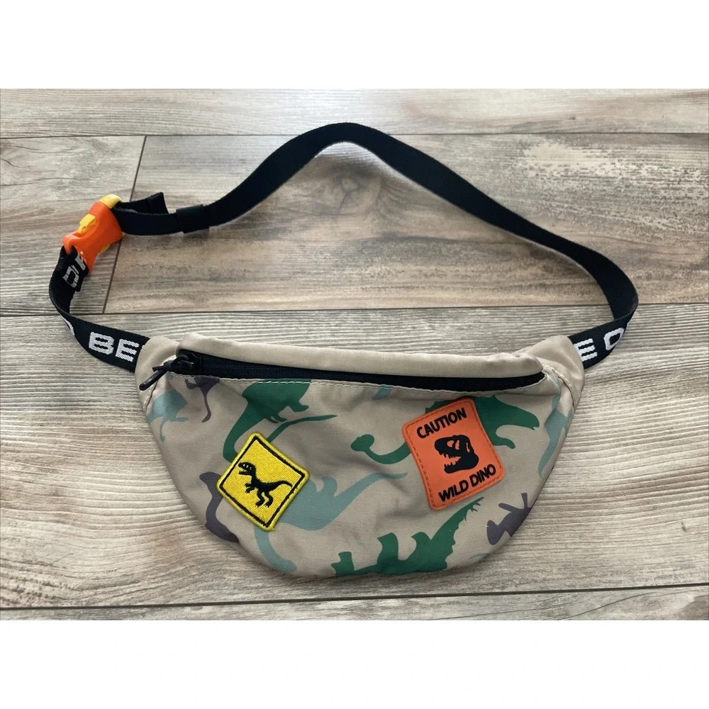 Zara Wild Dino Fanny Pack Bag Kids Beige Canvas Dinosaur Belt Bag